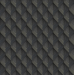 Reptile or fish scales. Black lamellar armour with blue and pale glares. Vector seamless pattern