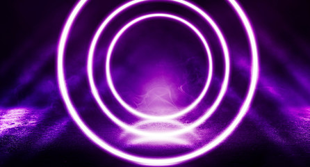 Background of empty stage, room. Reflection on wet pavement, concrete. Neon blurry lights. Neon circle figure in the center, smoke