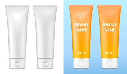 Vector realistic image (mock up, layout) of blank matte and glossy packaging for cosmetics. Layout of sunscreen cream. EPS 10.