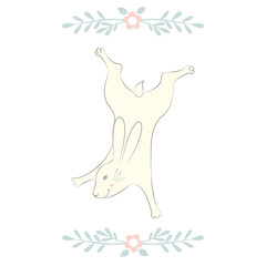 Easter Bunny character. Happy running and dancing bunnies. Flower frame silhouette. Isolated on white background.