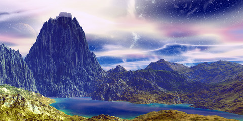 Alien Planet. Mountain and  water. 3D rendering