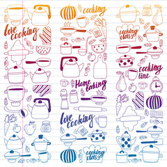 Vector set of children's kitchen and cooking drawings icons in doodle style. Painted, colorful, gradient on a piece of linear paper on white background.