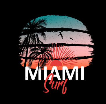 Miami surf. Colorful poster with palm trees and sun. T-shirt print with inscription, summer design for youth, teenagers.