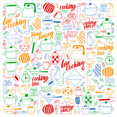Vector set of children's kitchen and cooking drawings icons in doodle style. Painted, colorful, pictures on a piece of linear paper on white background.