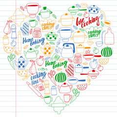Vector set of children's kitchen and cooking drawings icons in doodle style. Painted, colorful, pictures on a piece of linear paper on white background.