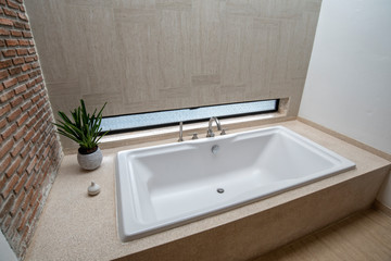 Minimalistic bathroom interior with brick walls, tiled floor, white bathtub decoration with Bathroom accessories and Tree vase in luxury home, Modern bathroom interior