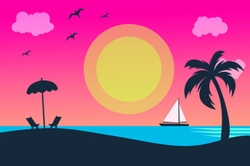 Vector seascape and sky background. Tropical Beach and Palm Trees Silhouette Travel Holiday Vacation Concept.