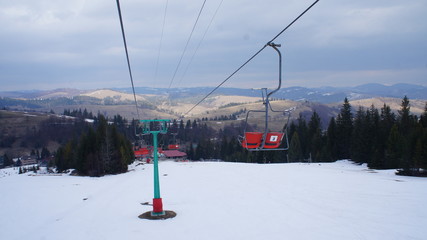 empty ski lift in transcarpathian resort.end of season