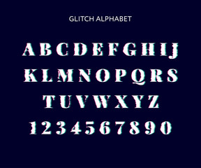 Vector distorted glitch font. Trendy style lettering typeface. Latin letters from A to Z