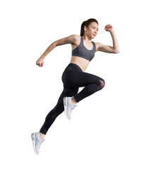 young asian fitness woman in sportwear  running  isolated on white background  with clipping path. exercise runner , jumping  girl , workout ,sport ,training