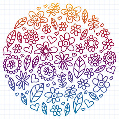 Fototapeta premium Vector set of child drawing flowers icons in doodle style. Painted, colorful, gradient, on a sheet of checkered paper on a white background.