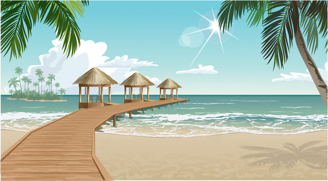 Vector seaside view poster with tropical beach and bungalows