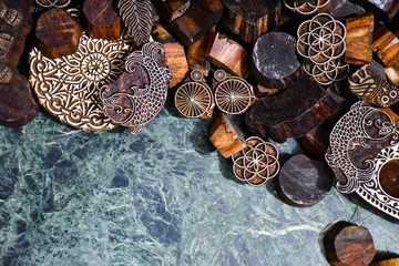 Close-up Indian wood blocks for traditional handmade textile, ,Background image.
