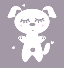 White dog with pink cheeks. Vector poster in the nursery. Funny Puppy is sleeping for print on clothes. Illustration of an anime character in Kawai. Collection silhouette of charming pets and hearts