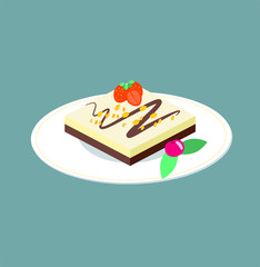 Chocolate dessert on a white saucer with chocolate and strawberries on a blue background. Illustration of a square cupcake isolated on a layer. Vector baking sweets for cards, web, applications