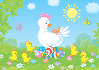 Plakat White hen sitting on colored Easter eggs and surrounded by small chicks walking on green grass among flowers and flittering butterflies on a sunny spring day, vector illustration in a cartoon style