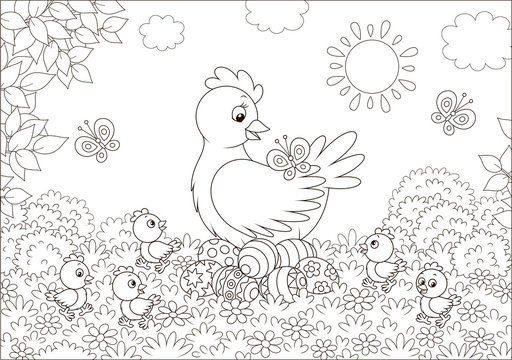 Hen sitting on colored Easter eggs and surrounded by small chicks walking on grass among flowers and flittering butterflies on a sunny spring day, vector illustration in a cartoon style