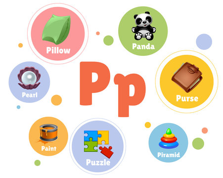 vector illustration colored set objects with letter P 