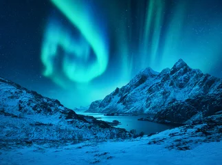 Kussenhoes Aurora borealis boven de besneeuwde bergen op de Lofoten-eilanden, Noorwegen. Noorderlicht in de winter. Nachtlandschap met poollicht, besneeuwde rotsen, reflectie in de zee. Sterrenhemel met aurora © den-belitsky