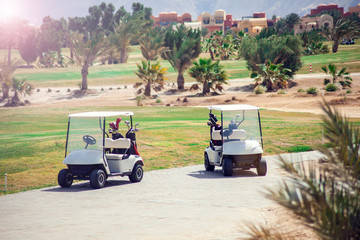Golf carts on the grass sport field. Lifestyle and sport concept