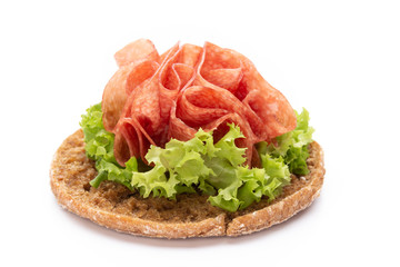Sandwich with ham sausage on white background.