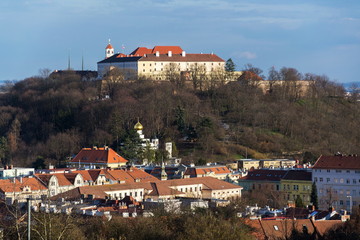 Fototapeta na wymiar Beautiful Spilberk castle with Saint Wenceslas orthodox cathedral in foreground, Brno, Moravia, Czech Republic, sunny day
