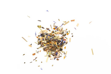 Herbal tea on a white background. Top view.