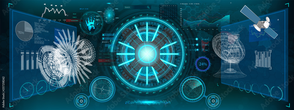 Poster head-up interface set for gui, ui, ux design. hud style, technology elements set (space, dashboard, 