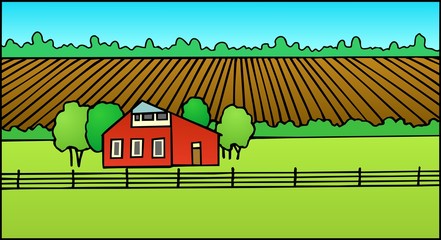 Obraz na płótnie Canvas Farm with plowed field and barn, landscape