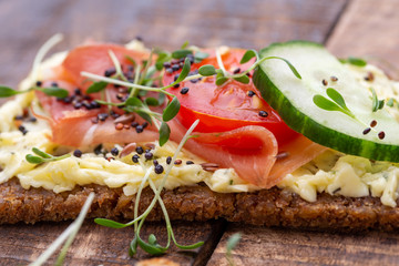 Sandwiches with cream cheese, vegetables and salami.