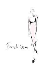 Hand-drawn fashion illustration. Young woman, girl, model. Sketch, vector