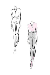 Hand-drawn fashion illustration. Young woman, girl, model. Sketch, vector