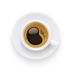 Coffee cup and plate. Aromatic drink for breakfast. Beverage mug for cappuccino, americano, latte. Isolated white background. Eps10 vector illustration.