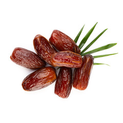 Dry dates isolated on white background. Top view. Flat lay pattern.