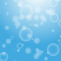 Light blue abstract background with a bokeh in the form of circles. Underwater world with air bubbles. Vector illustration.