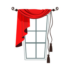 Red curtain and window illustration.Textile, window, decor. Interior concept. Vector illustration can be used for topics like home, interior design, decoration