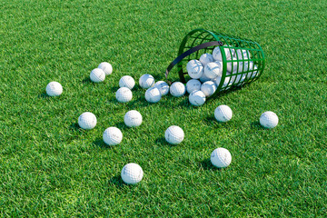 Golf balls scattered of field near basket. 3d