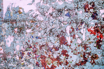 A fragment of the wall, covered with a layer of old cracked paint, with traces of pasted paper, in smooth daylight, toned.