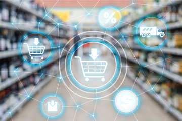 Shopping cart Ecommerce Marketing channel distribution concept on supermarket background.