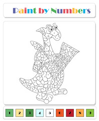 Green dragon looks at the travel map. Color by number educational game for kids