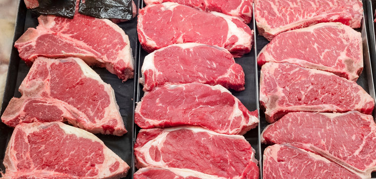 Steaks Displayed In Butcher Case.