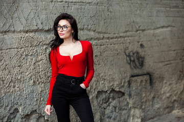 Beauty fashion portrait. Outdoors portrait of beautiful young brunette woman. beautiful young woman's green eye