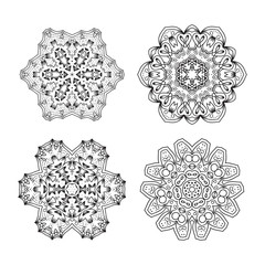 Set of Ethnic Fractal Mandala Vector Tattoo Design looks like Snowflake or Maya Aztec Pattern or Flower.