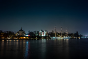 Fototapeta na wymiar An old white sailing ship in Stockholm at night