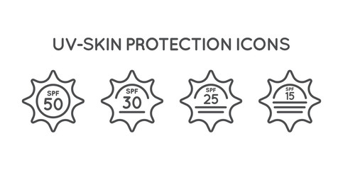 Set of Sun Protection UV Index, SPF 50, SPF 30, 25, 15 Vector Icons Collection.