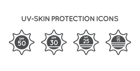 Set of Sun Protection UV Index, SPF 50, SPF 30, 25, 15 Vector Icons Collection.