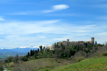 Fototapeta premium landscape in italy,Moresco,fortress, landscape, ancient, medieval,tourism,view,old,hill,sky,blue 