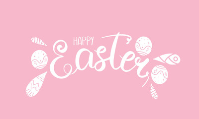 Happy Easter handwriting calligraphy. Lettering, easters eggs and decorative elements. Design for holiday greeting card, invitation, poster, banner or background. Vector illustration 