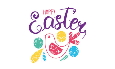 Happy Easter handwriting calligraphy. Lettering, easters eggs, bird and decorative elements. Design for holiday greeting card, invitation, poster, banner or background. Vector illustration 