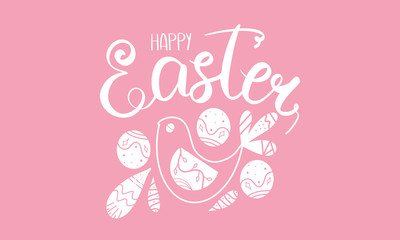Happy Easter handwriting calligraphy. Lettering, easters eggs, bird and decorative elements. Design for holiday greeting card, invitation, poster, banner or background. Vector illustration 